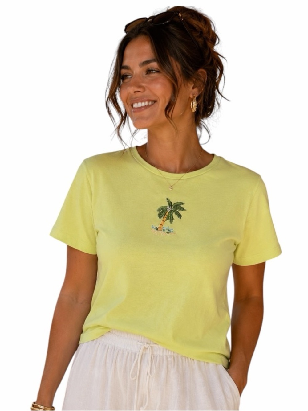 Northcrest Medium Lime Green Cotton T-Shirt Embroidered Pineapple Resortwear